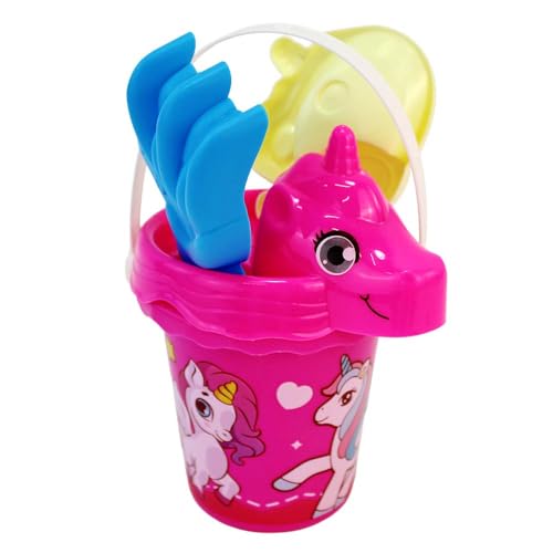 BEMIRO Strandspielzeug Set 4-teilig – Eimer, Förmchen & Zubehör – Einhorn Motiv – ideal für den Sommer – Farbe pink oder blau (Pink) von BEMIRO