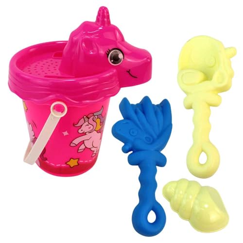 BEMIRO Strandspielzeug für Kinder – 5-teiliges Set mit Eimer, Schaufel & Sandformen – ca. 26 cm hoch – verpackt im Netz – Outdoor-Spielzeug für Garten, Strand & Urlaub – ab 3 Jahren (Pink) von BEMIRO