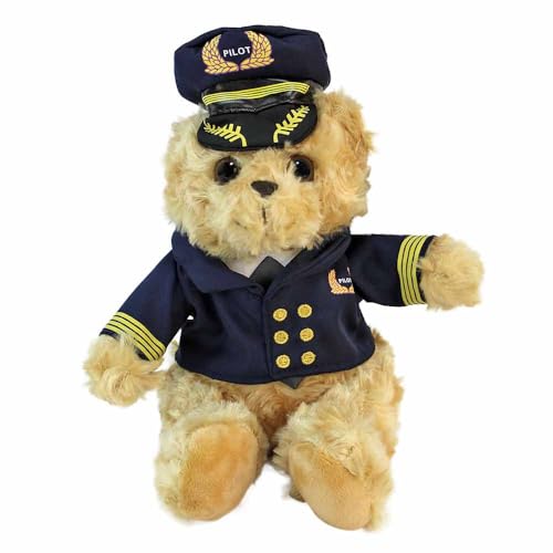 Teddy Bär in Pilot Uniform – beiges Kuscheltier mit Jacke & Mütze – detailreiches Stofftier mit Kunststoffaugen – weich & niedlich – Geschenkidee für Kinder & Erwachsene (23 cm) von BEMIRO