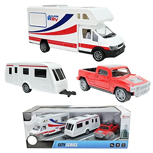 BEMIRO Wohnwagen Auto Set Mit Rückzug-Antrieb, Premium Qualität, Pick-Up Wohnmobil, Camper Spielzeug, Wohnwagen Spielzeugauto von BEMIRO