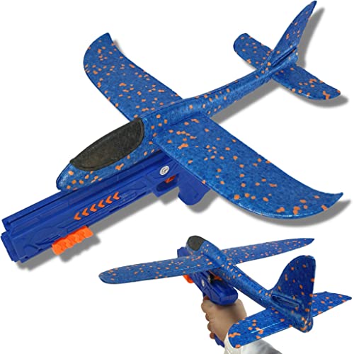 Blaues Spielflugzeug Schaumstoff mit Abschusspistole - ca. 35 cm, Flugzeug Pistole Kinder, Styroporflieger Kinder, Outdoorspielzeug, Spielzeug Flugzeug von BEMIRO