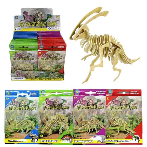 Dinosaurier Skelett 3D Puzzle für Kinder – ca. 20 x 25 cm – 34–42 Teile – 4 Motive: Bronto, Stego, Triceratops, Parasaurolophus – Lernspielzeug ab 6 Jahren – nummerierte Bauteile (Set) von BEMIRO