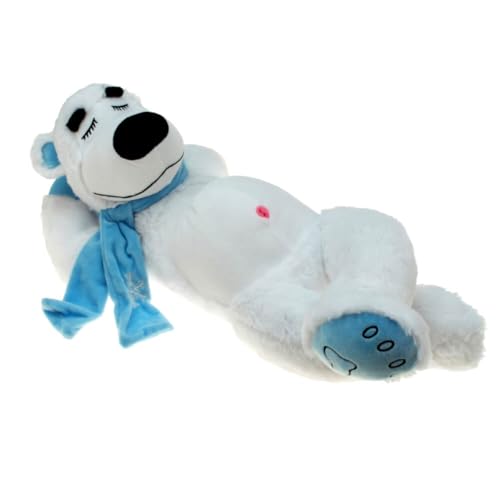 Eisbär Kuscheltier liegend – ca. 35 cm – weißer Plüschbär mit blauem Schal – Schlafpose – gestickte Tatzen – weiches Stofftier mit Schlaufe – Geschenk & Deko für Kinderzimmer von BEMIRO