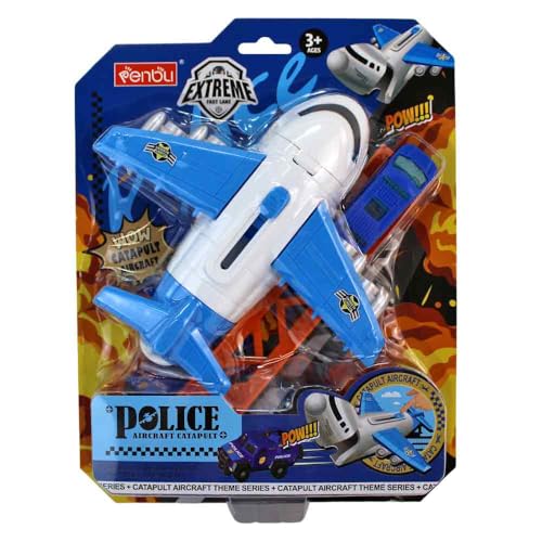 Flugzeug mit Auto – Spielset für Kinder ab 3 Jahren – inkl. Rampe zum Abfeuern – ca. 18 cm Flugzeug & 7 cm Auto – Polizei (blau) oder Feuerwehr (rot) – interaktives Spielzeug (Blau) von BEMIRO