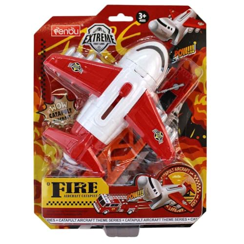 Flugzeug mit Auto – Spielset für Kinder ab 3 Jahren – inkl. Rampe zum Abfeuern – ca. 18 cm Flugzeug & 7 cm Auto – Polizei (blau) oder Feuerwehr (rot) – interaktives Spielzeug (Rot) von BEMIRO
