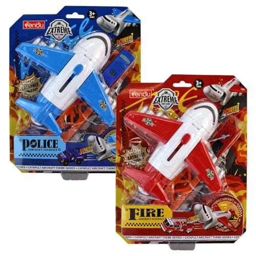 Flugzeug mit Auto – Spielset für Kinder ab 3 Jahren – inkl. Rampe zum Abfeuern – ca. 18 cm Flugzeug & 7 cm Auto – Polizei (blau) oder Feuerwehr (rot) – interaktives Spielzeug (Set) von BEMIRO