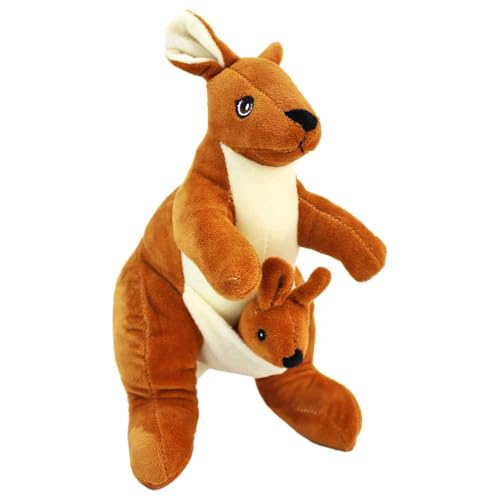 Känguru Kuscheltier mit Baby – 23 cm – Orange-Braun – Gestickte Augen – Kuschelig weich – Niedliches Detail am Bauch von BEMIRO