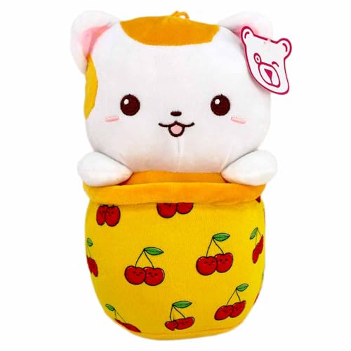 Katzen Kuscheltier im Bubble Tea – 25 cm – Kawaii Style mit gesticktem Gesicht & Schlaufe zum Anhängen (Gelb) von BEMIRO
