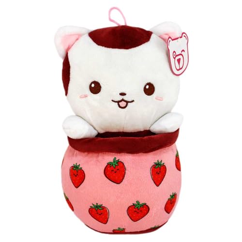 Katzen Kuscheltier im Bubble Tea – 25 cm – Kawaii Style mit gesticktem Gesicht & Schlaufe zum Anhängen (Rot) von BEMIRO
