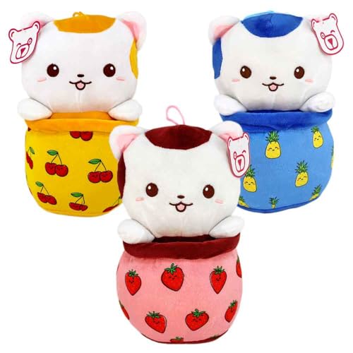 Katzen Kuscheltier im Bubble Tea – 25 cm – Kawaii Style mit gesticktem Gesicht & Schlaufe zum Anhängen (Set) von BEMIRO