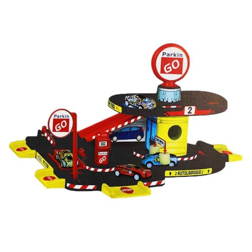 Kinder Spielzeug-Garage – 2 Etagen – Mit Auto, Schranke & Waschanlage – Inkl. Verkehrsschilder – ca. 47 x 24 x 35,5 cm von BEMIRO