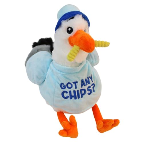 Möwe Kuscheltier mit Shirt & Mütze – 32 cm – Mit Pommes im Schnabel – Lustige Sprüche – Kuschelig weich (Blau) von BEMIRO