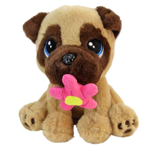 Mops Kuscheltier – 23 cm – Mit gestickten Augen & Kunststoffnase – Kuschelig weich – In Braun-Beige (Blume) von BEMIRO