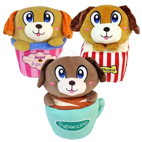 Plüsch Hund im Becher – 33 cm – Kuschelig weich – 3 Motive: Popcorn, Kaffee, Cupcake – Niedlicher Hund mit Schlappohren (Set) von BEMIRO