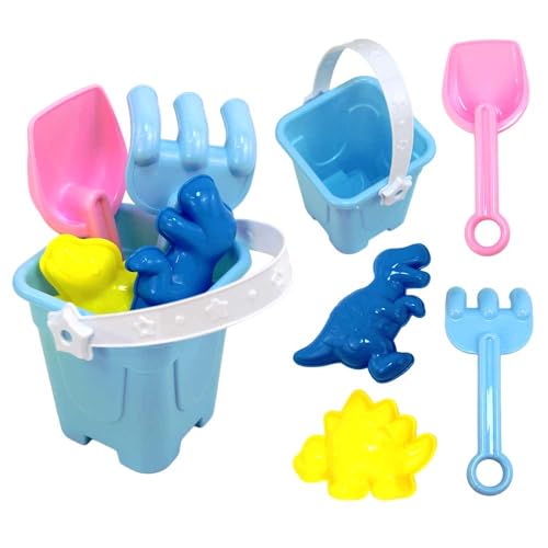 Sandspielzeug Set ab 3 Jahren – Mit Eimer, Schaufel, Harke & Dino-Förmchen – Ca. 15 cm hoch – Aus Kunststoff (Blau) von BEMIRO