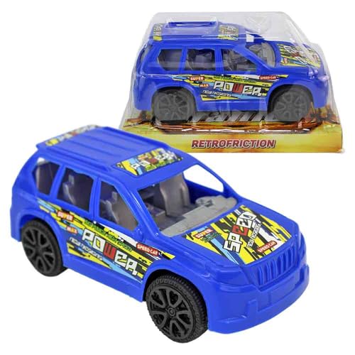 Spielzeug Auto SUV – ca. 13 cm – mit Rückziehmotor – aus Kunststoff – mit Stickern beklebt – wählbar in Rot oder Blau – Auto Spielzeug für Kinder ab 3 Jahren (Blau) von BEMIRO