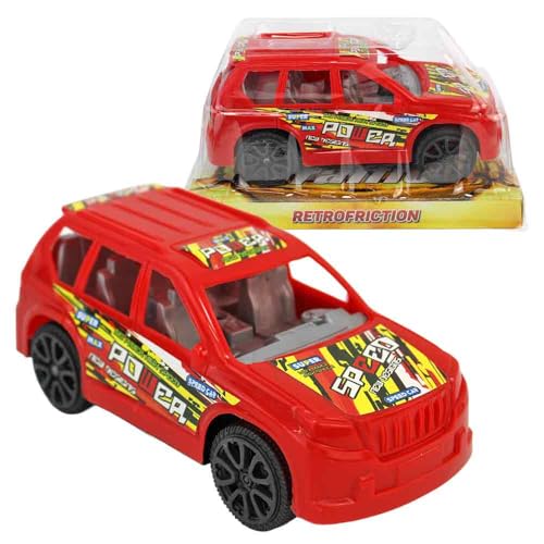 Spielzeug Auto SUV – ca. 13 cm – mit Rückziehmotor – aus Kunststoff – mit Stickern beklebt – wählbar in Rot oder Blau – Auto Spielzeug für Kinder ab 3 Jahren (Rot) von BEMIRO