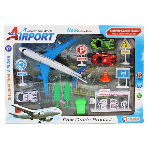 Spielzeug Flughafen Set – 13-teilig – inkl. Flugzeuge, Fahrzeuge, Straßenschilder, Tankstelle – Zubehör für Kinder – verpackt in Box mit Tragegriff – ab 3 Jahren – für Rollenspiele von BEMIRO