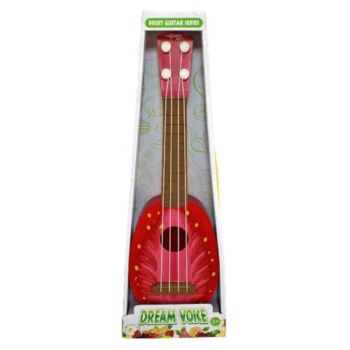 Spielzeug Gitarre für Kinder – ca. 36 cm – Obstmotive: Orange, Kiwi, Melone oder Erdbeere – 4 Saiten – musikalisches Spielzeug ab 3 Jahren – Motorik fördern – mit Tragegriff im Karton (Erdbeere) von BEMIRO