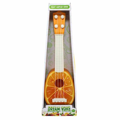 Spielzeug Gitarre für Kinder – ca. 36 cm – Obstmotive: Orange, Kiwi, Melone oder Erdbeere – 4 Saiten – musikalisches Spielzeug ab 3 Jahren – Motorik fördern – mit Tragegriff im Karton (Orange) von BEMIRO