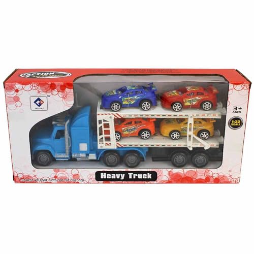 Spielzeug LKW Transporter mit 4 Autos – ca. 31 cm – US-Truck-Optik – Spielset mit 4 Sportwagen auf Ladefläche – Truck wählbar in Grün oder Blau – Auto Spielzeug ab 3 Jahren (Blau) von BEMIRO