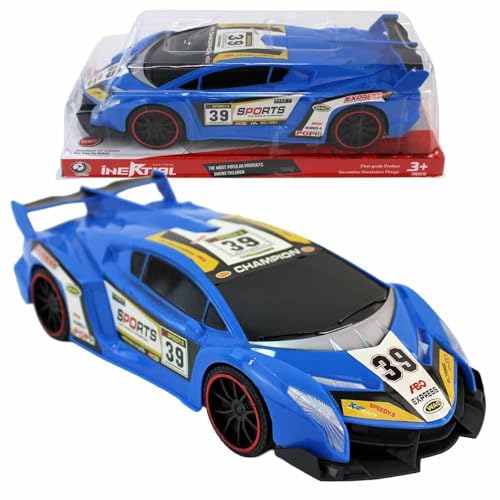 Spielzeugauto Sportwagen mit Rückziehmotor – 27 cm groß – detailreiches Rückziehauto mit Renn-Stickern – Spielzeug ab 3 Jahren für Kinder – Pullback-Auto Rennwagen (Blau) von BEMIRO