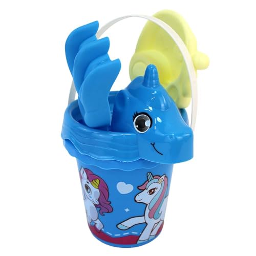 Strandspielzeug Set 4-teilig – Eimer, Förmchen & Zubehör – Einhorn Motiv – ideal für den Sommer – Farbe pink oder blau (Blau) von BEMIRO