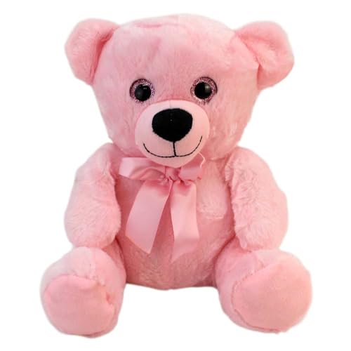 Teddybär Kuscheltier mit Schleife & Glitzeraugen – ca. 25 cm – weich & flauschig – mit Anhängeschlaufe – Geschenkidee für Kinder, Babys & Plüschtier-Sammler (Rosa) von BEMIRO