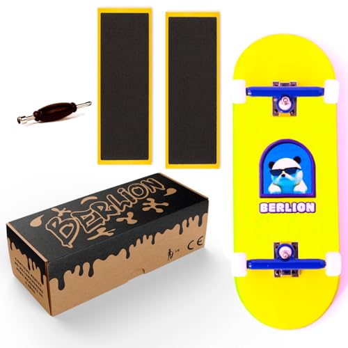 BERLION Professionelle Fingerskate aus Holz, Pro mittlere Konkavität, Mini-Skateboard, kleines Fingerboard, Schleifmittel, Werkzeug und Räder, Anti-Stress-Spielzeug (Gelb) von BERLION