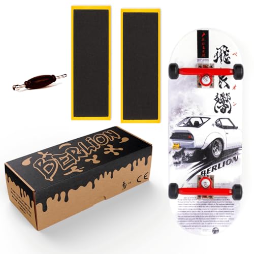 BERLION Professionelle Fingerskate aus Holz, Pro mittlere Konkavität, Mini-Skateboard, kleines Fingerboard, Schleifmittel, Werkzeug und Räder, Anti-Stress-Spielzeug (weiß und rot) von BERLION