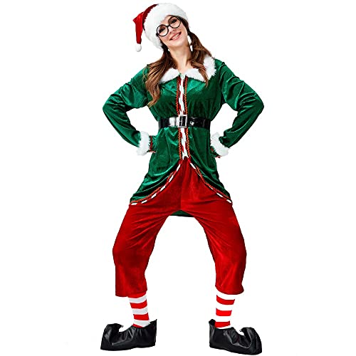 BERULL Frauen Weihnachten Kostüm Weihnachten Cosplay Anzug Erwachsene Santa Helfer Kostüm Samt Grün Rot Party Kostüm Outfit (Color : Green, Size : XL) von BERULL