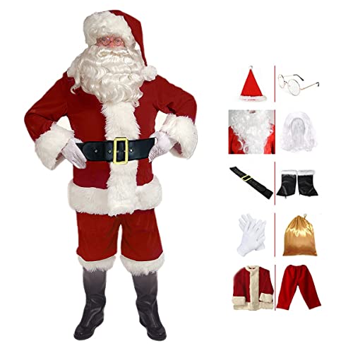 BERULL Herren Deluxe Samt Weihnachtsmann Kostüm Erwachsene Weihnachtsanzug 10pcs Xmas Cosplay Outfit (Color : Red, Size : 4XL) von BERULL