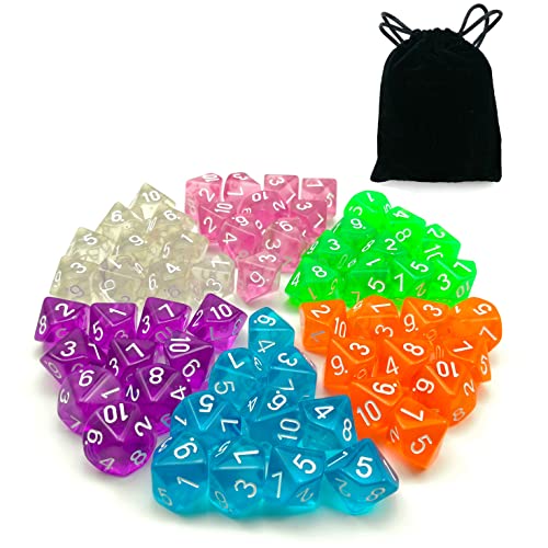 60pcs Assorted Colored Translucent D10 (1-10) Pack, 6X10pcs 10 Sides Dice Transparent Polyhedral Dice D10 Set in Black Velvet Pouch von BESCON DICE