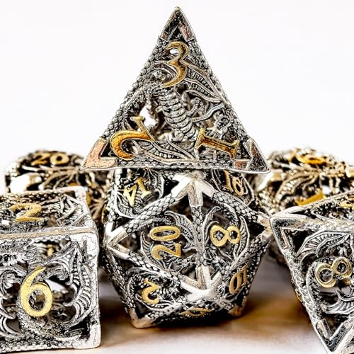 BESCON DICE Ausgehöhlte Metallwürfel mit 3D-Drachen, hohlen Metall-Dungeons und Dragons Würfel-Set für Pathfinder RPG Shadow Run, Chrom + Goldschrift BESCON DICE Ausgehöhlte Metallwürfel mit 3D-Drachen, hohlen Metall-Dungeons und Dragons Würfel-Set für Pathfinder RPG Shadow Run, Chrom + Goldschrift von BESCON DICE