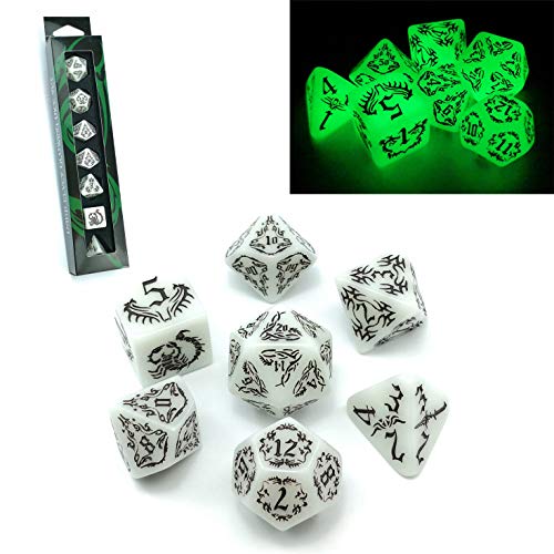 BESCON Dark Elves Glowing Dice Set (7 Piece), Oversized Glow IN Dark Carved Role Playing Games RPG Dice Set von BESCON DICE