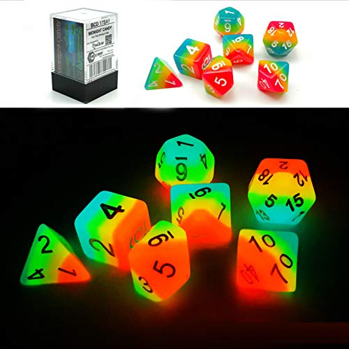 Bescon Fantasy Rainbow Glowing Polyhedral Dice 7pcs Set Midnight Candy, Luminous RPG Dice Set Glow in Dark, Novelty DND Game Dice d4 d6 d8 d10 d12 d20 d% in Brick Box von BESCON DICE