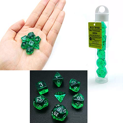 Bescon Mini Durchsichtig Polygonal Würfel Set 10mm- Small Transparente Mini Spielwürfel D&D Dice Set of 7, Kleine RPG - Rollenspiel Polyedrische Dice Set D4-D20 in Tube, Transparente Green von BESCON DICE