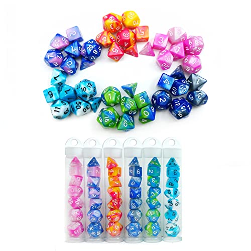 Bescon Mini Gemini Dice Set, 6X7 42pcs Kleine Polygonal Würfel Set 10mm- 6 Einzigartige Two Tone Farben Mini Spielwürfel D&D Dice Set of 7, 42pcs Kleine RPG - Rollenspiel Polyedrische Dice Set in Tube von BESCON DICE