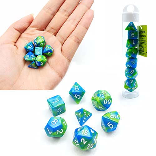 Bescon Mini Gemini Dice Set, Kleine Polygonal Würfel Set 10mm- Einzigartige Two Tone Farben Mini Spielwürfel D&D Dice Set of 7, Mini RPG - Rollenspiel Polyedrische Dice Set in Tube, Aquamarine von BESCON DICE