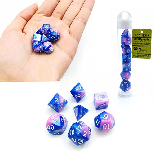 Bescon Mini Gemini Dice Set, Kleine Polygonal Würfel Set 10mm- Einzigartige Two Tone Farben Mini Spielwürfel D&D Dice Set of 7, Mini RPG - Rollenspiel Polyedrische Dice Set in Tube, Color of Myosotis von BESCON DICE