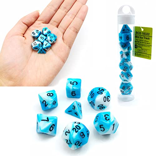 Bescon Mini Gemini Dice Set, Kleine Polygonal Würfel Set 10mm- Einzigartige Two Tone Farben Mini Spielwürfel D&D Dice Set of 7, Mini RPG - Rollenspiel Polyedrische Dice Set in Tube, Mini ICY Track von BESCON DICE