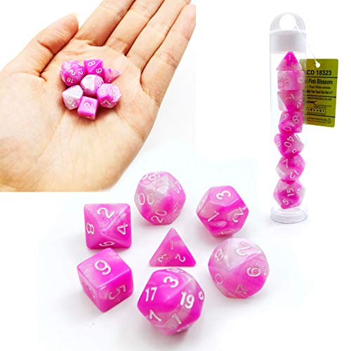Bescon Mini Gemini Dice Set, Kleine Polygonal Würfel Set 10mm- Einzigartige Two Tone Farben Mini Spielwürfel D&D Dice Set of 7, Mini RPG - Rollenspiel Polyedrische Dice Set in Tube, Pink Blossom von BESCON DICE