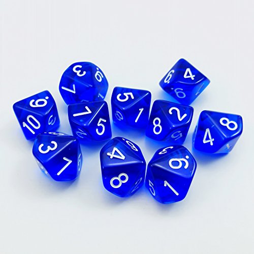 Bescon Polygonal 10-Seitig Würfel Mit Der Nummer 1-10, W10 Blau Transparente 10 Seitige Würfel, Würfel - 10 Weiten, 10pcs Set von BESCON DICE