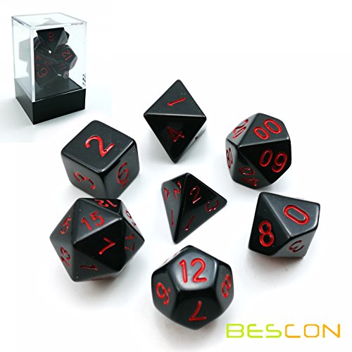 Bescon Polygonal Würfel Set Solide Schwarz mit Roten Zahlen, Spielwürfel D&D Dice Set of 7 Brick Box, RPG - Rollenspiel Polyedrische Dice 7pcs Set von BESCON DICE