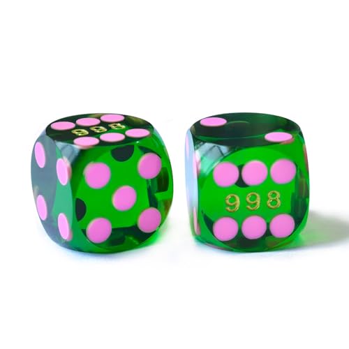 Bescon Professionelle Präzisionswürfel, runde Ecken, 14,3 mm, mit bunten Punkten, farbige Punkte, Präzisions-Backgammon-Würfel, 14,3 mm, (Edelstein-grüne Würfel mit rosa Punkten) von BESCON DICE