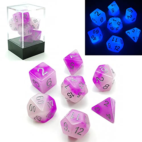 Bescon Two Tone Glowing Polyhedral Dice 7pcs Set Frosty Amethyst, Luminous RPG Dice Glow in Dark,DND Role Playing Game Dice von BESCON DICE