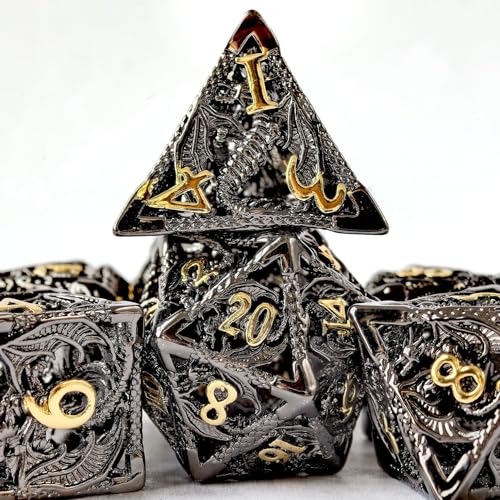 BESCON DICE Hohle D&D-Metallwürfel mit 3D-Drachen-Funktion, Dungeons and Dragons Würfel-Set in schwarzem Nickel + goldenem Schriftzug, Würfel für RPG, MTG, Pathfinder-Spiele von BESCON DICE