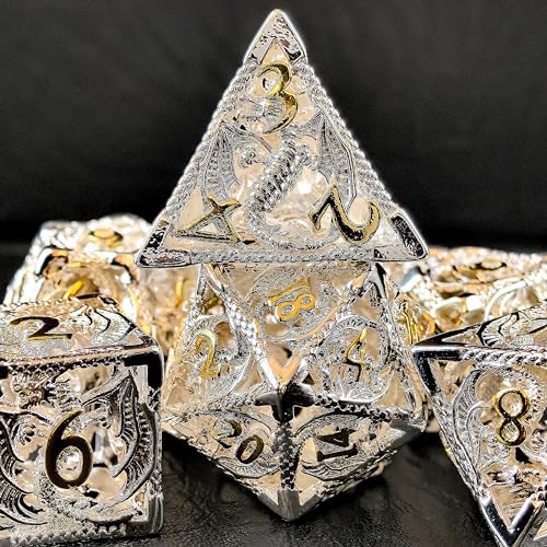 Schmuckähnliche hohle D&D-Metallwürfel mit 3D-Drachen-Funktion, silberfarbene und goldene Zahlen Schmuckähnliche hohle D&D-Metallwürfel mit 3D-Drachen-Funktion, silberfarbene und goldene Zahlen von BESCON DICE