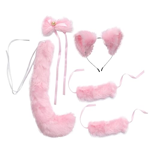 BESPORTBLE 1 Set 5 Teilig Fuchsohren Fuchsschwanzanzug Plüschohren Set Halsbekleidung Handbälle Kostümzubehör Partyzubehör Cosplay Zubehör Kinderspielzeug Kostümset Plüschzubehör Rosa Stoff von BESPORTBLE