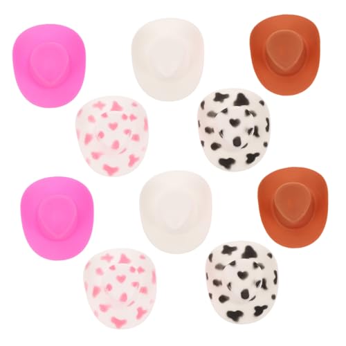 BESPORTBLE 10 Stück Teiliges Mini Western Cowboy Hüte Braun Weiß Rosa Rot Weiß mit Kuhmuster Realistische Miniatur Cowgirl Hüte für Puppenhausdekoration DIY Basteln Party Zubehör von BESPORTBLE